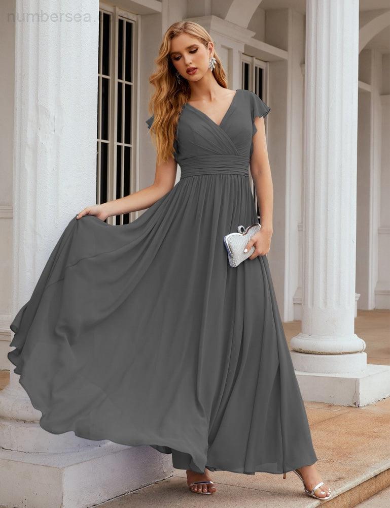 Vestido de Dama de Honra Decote em V Comprido e Sem Costas para Ocasiões Formais 28024