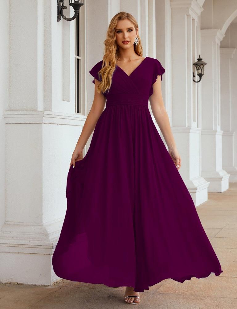Vestido de Dama de Honra Decote em V Comprido e Sem Costas para Ocasiões Formais 28024