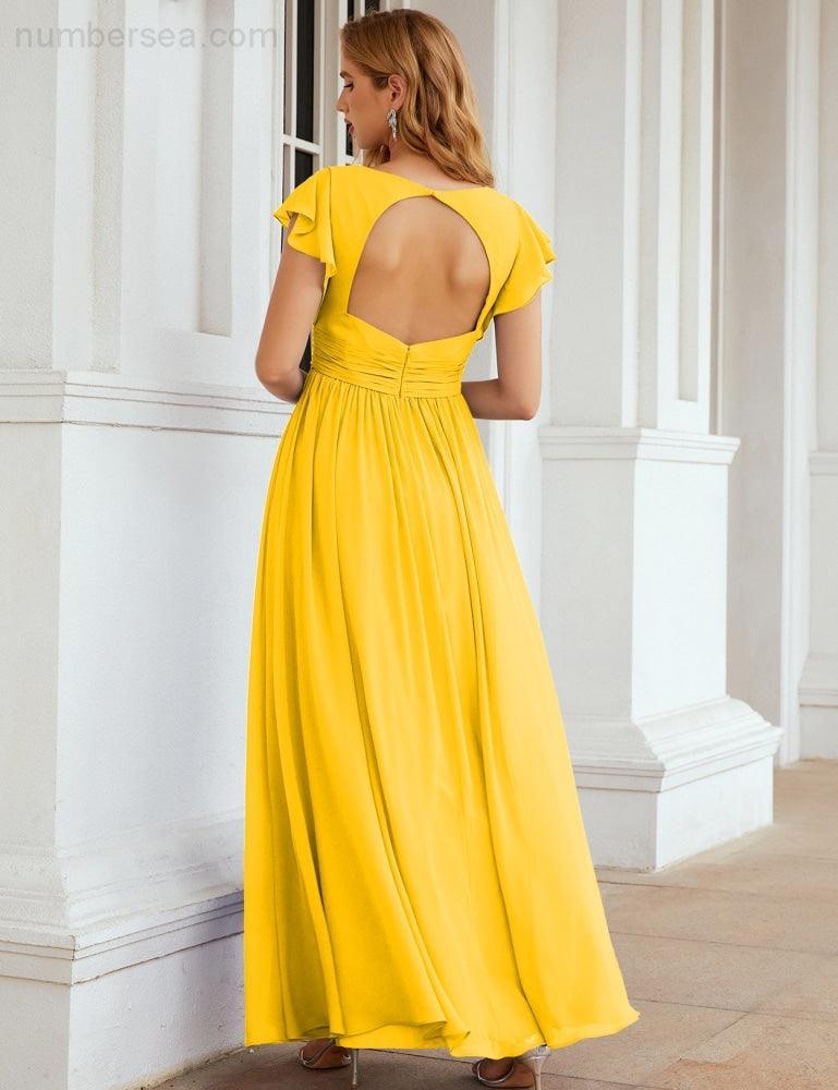 Vestido de Dama de Honra Decote em V Comprido e Sem Costas para Ocasiões Formais 28024