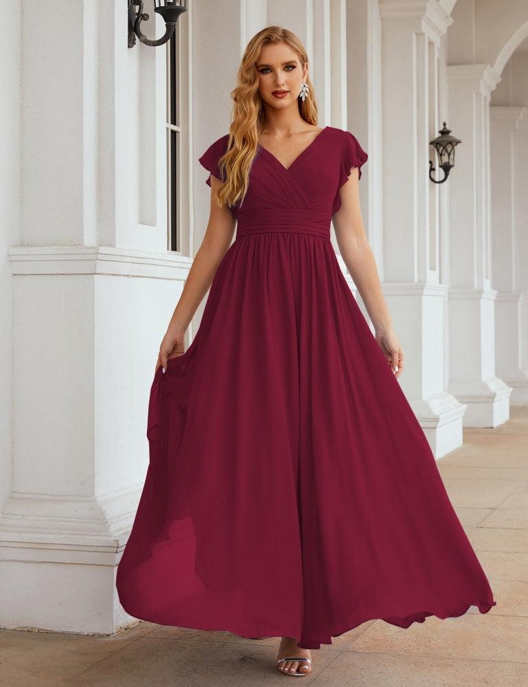 Vestido de Dama de Honra Decote em V Comprido e Sem Costas para Ocasiões Formais 28024