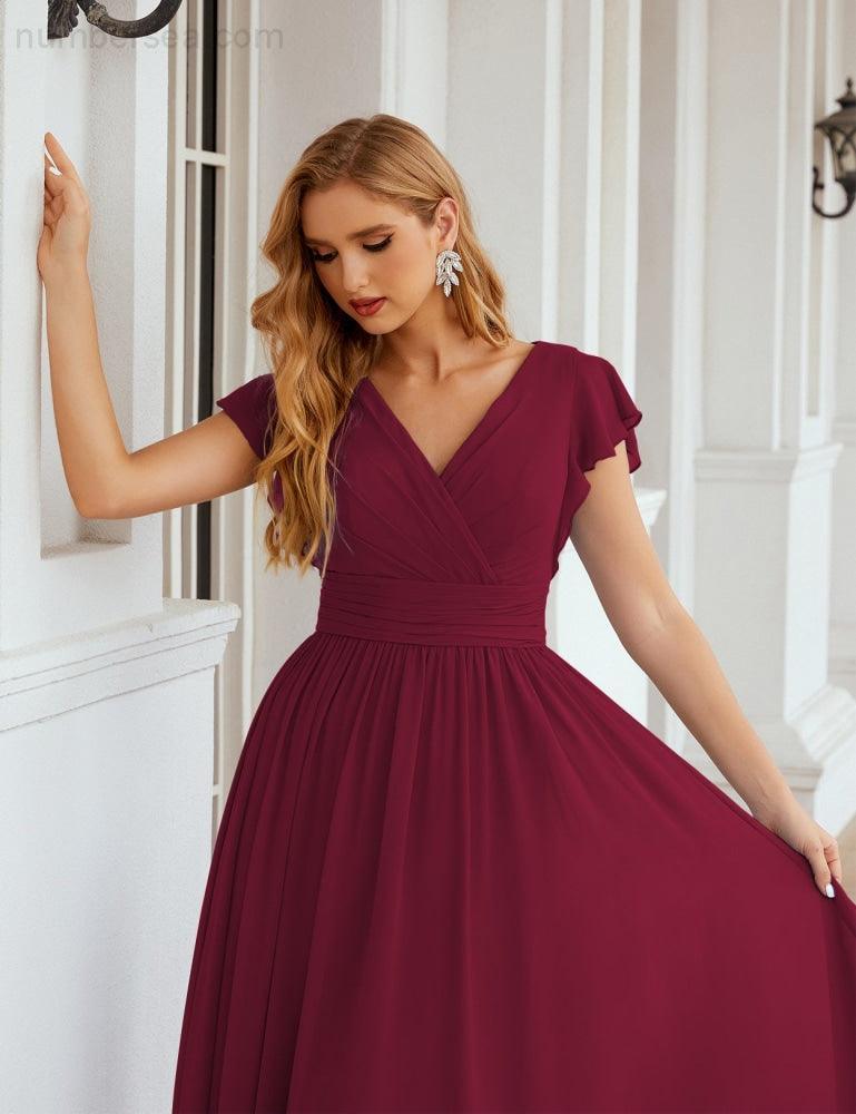 Vestido de Dama de Honra Decote em V Comprido e Sem Costas para Ocasiões Formais 28024