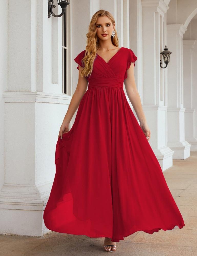 Vestido de Dama de Honra Decote em V Comprido e Sem Costas para Ocasiões Formais 28024