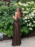 Blue A Line V Neck Beaded Back Tie Long Prom Dress