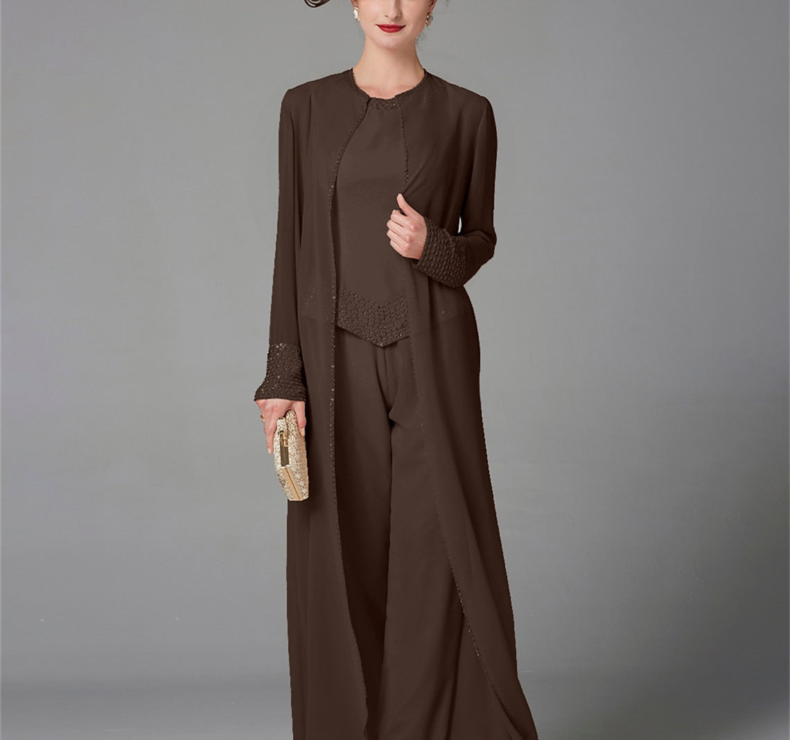 Mother Of The Bride Pantsuit With Jacket And Sequins Long Sleeve Chiffon