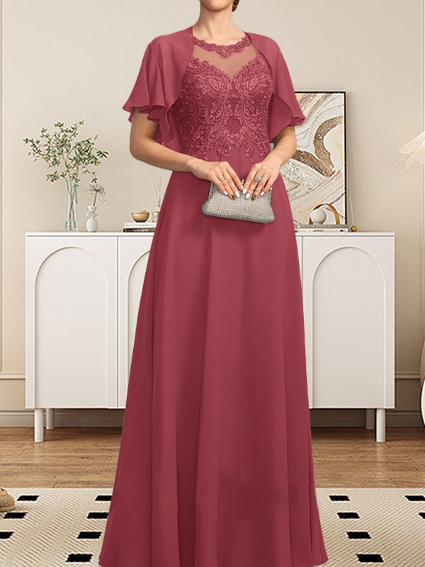 A-Linie, U-Ausschnitt, Illusion, bodenlanges Spitzen-Chiffon-Kleid für die Brautmutter mit Pailletten
