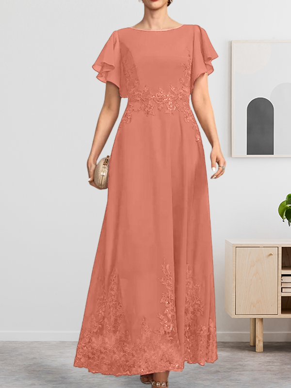 Robe de mère de la mariée en mousseline de soie à dentelle, longueur cheville, en forme trapèze avec décolleté arrondi et paillettes