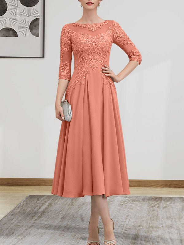 A-Linie, U-Ausschnitt, Illusion, knielang, Chiffon, Spitze, Kleid für die Brautmutter mit Perlen und Pailletten
