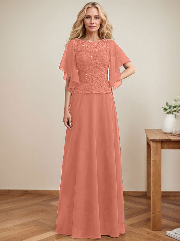 A-Linie, U-Ausschnitt, Illusion, bodenlanges Spitzen-Chiffon-Kleid für die Brautmutter mit Pailletten 
