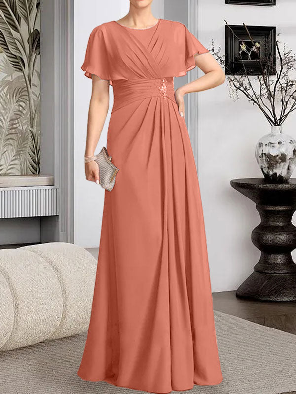 Robe de mère de la mariée en mousseline, longueur au sol, en ligne A, décolleté arrondi, ornée de perles plissées