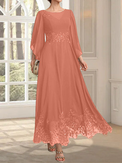 A-Linie, U-Ausschnitt, Illusion, knöchellang, Spitzen-Chiffon, Kleid für die Brautmutter mit Pailletten 