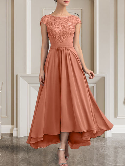 A-Linie U-Ausschnitt Bodenlang Spitzen-Chiffon-Kleid für die Brautmutter mit Pailletten