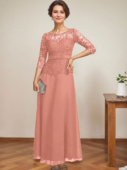 A-Linie, U-Ausschnitt, Illusion, knöchellang, Chiffon, Spitze, Kleid für die Brautmutter mit Strass-Perlen 