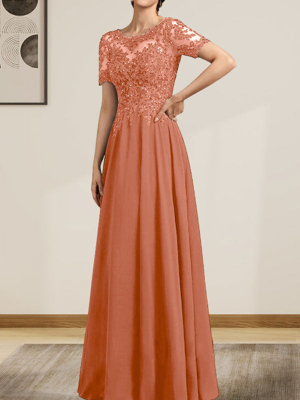 A-Linie U-Ausschnitt Illusion Bodenlang Chiffon Spitze Mutter der Braut Kleid mit Pailletten Perlen