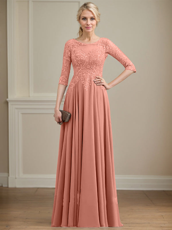 A-Linie, U-Ausschnitt, Illusion, bodenlanges Spitzen-Chiffon-Kleid für die Brautmutter mit Pailletten 