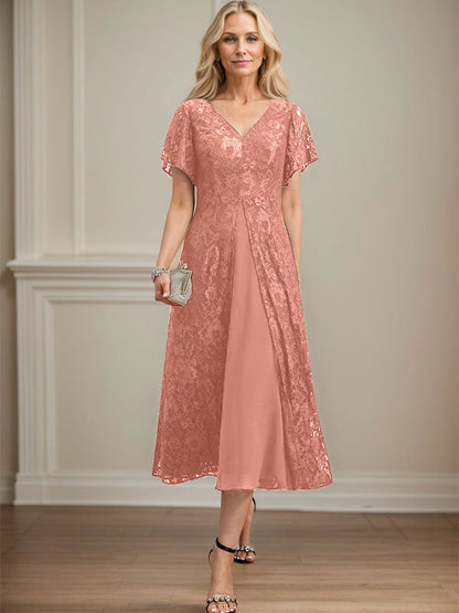 A-Linie V-Ausschnitt Wadenlanges Chiffon-Kleid für die Brautmutter 