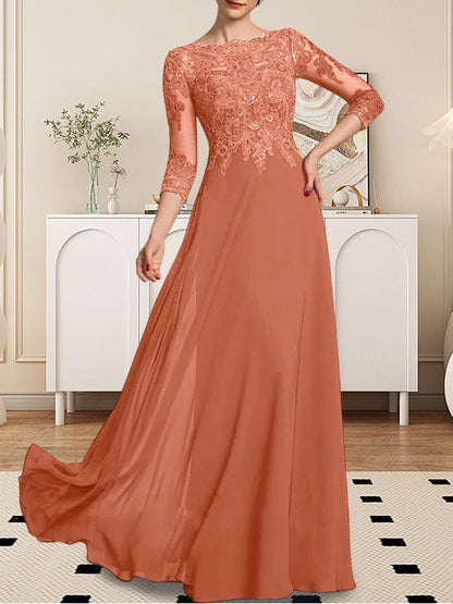 A-Linie U-Ausschnitt Bodenlang Spitzen-Chiffon-Kleid für die Brautmutter mit Pailletten