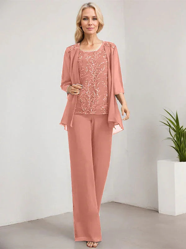 Mono/Pantalón Separado con Escote Redondo, Largo hasta el Suelo, de Encaje y Gasa, Vestido de Madre de la Novia con Lentejuelas