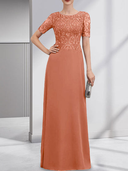 A-Linie U-Ausschnitt Bodenlang Spitzen-Chiffon-Kleid für die Brautmutter mit Pailletten