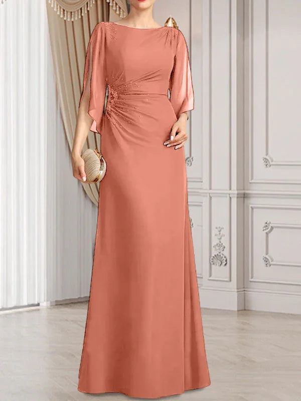 Vestido de madrina de novia de gasa largo hasta el suelo con corte columna y fajín plisado con cuentas