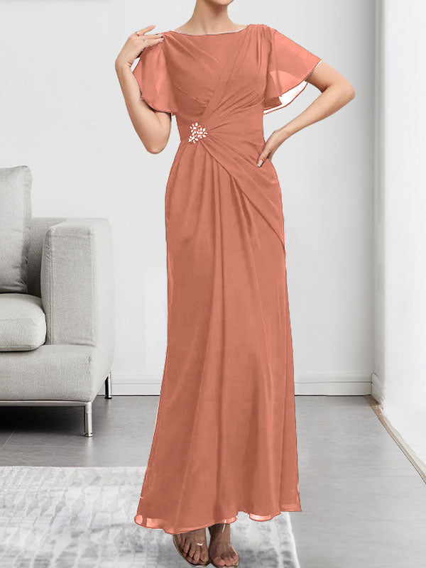 Robe de mère de la mariée en mousseline, longueur cheville, en ligne A, encolure dégagée, ornée de perles et plissée