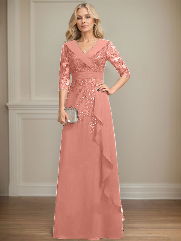 Robe de mère de la mariée en mousseline de soie à col en V, longueur au sol, ligne A, avec dentelle, paillettes et volants en cascade
