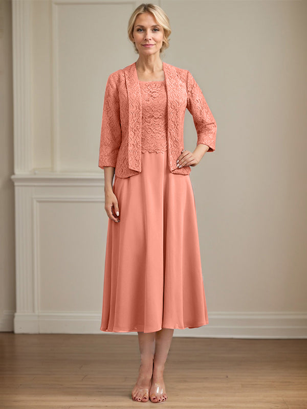 A-Linie U-Ausschnitt Wadenlang Chiffon-Kleid für die Brautmutter 