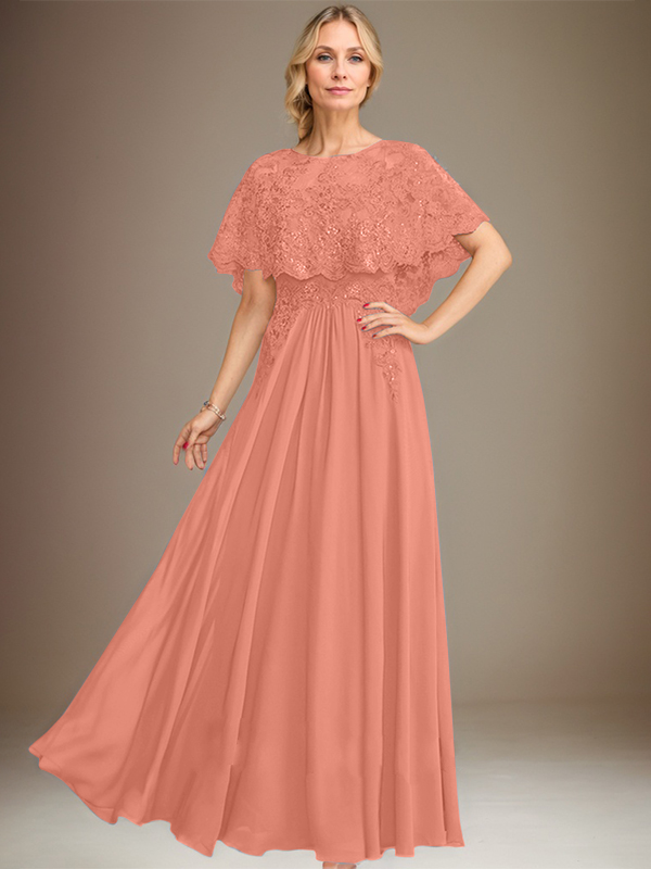 Robe de mère de la mariée en mousseline de soie à dentelle, longueur au sol, en ligne A, col bateau, ornée d'appliques à paillettes
