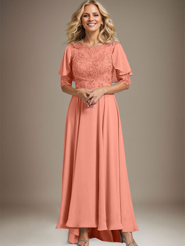 Robe de mère de la mariée en mousseline et dentelle asymétrique à encolure dégagée en ligne A avec perles