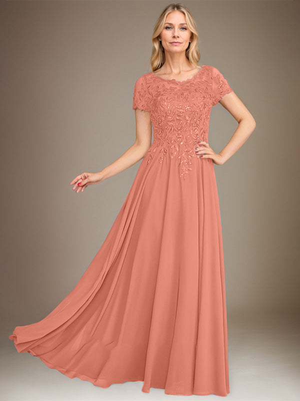 Robe de mère de la mariée en mousseline, longueur au sol, coupe en A, décolleté arrondi, ornée d'appliques et de paillettes