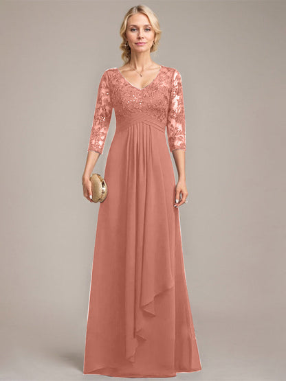 Vestido de madre de la novia de gasa con encaje, escote en V, largo hasta el suelo, con volantes en cascada y lentejuelas 