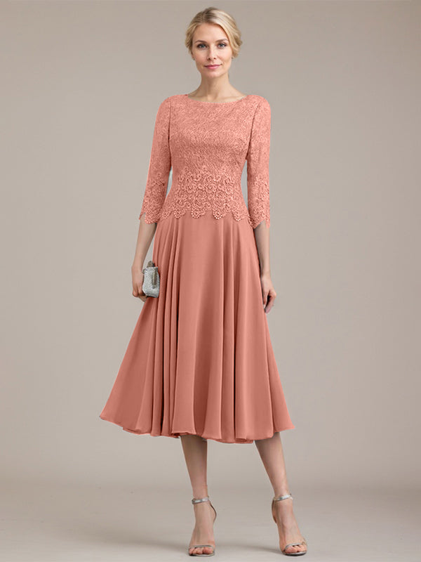 A-Linie U-Ausschnitt Wadenlang Chiffon-Kleid für die Brautmutter 