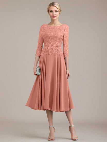 A-Linie U-Ausschnitt Wadenlang Chiffon-Kleid für die Brautmutter 