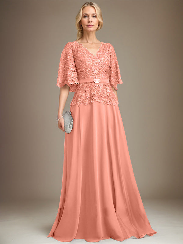 A-Linie V-Ausschnitt Bodenlang Chiffon Spitze Mutter der Braut Kleid Mit Kristall Brosche Strass 