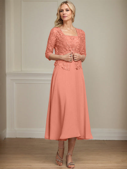 A-Linie Quadratisches Wadenlanges Chiffon-Spitzenkleid für die Brautmutter mit Pailletten und Perlen 