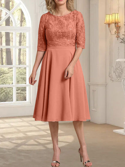 A-Linie U-Ausschnitt Knielang Chiffon Spitzenkleid für die Brautmutter