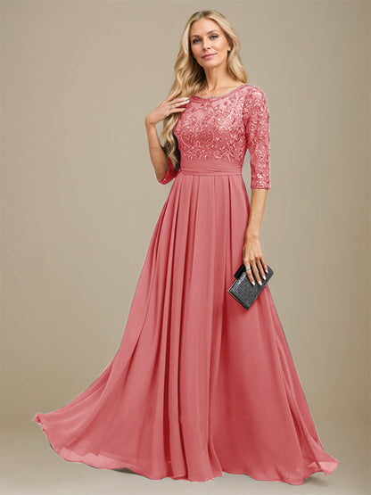 A-Linie U-Ausschnitt Bodenlang Spitzen-Chiffon-Kleid für die Brautmutter mit Paillettenapplikation 