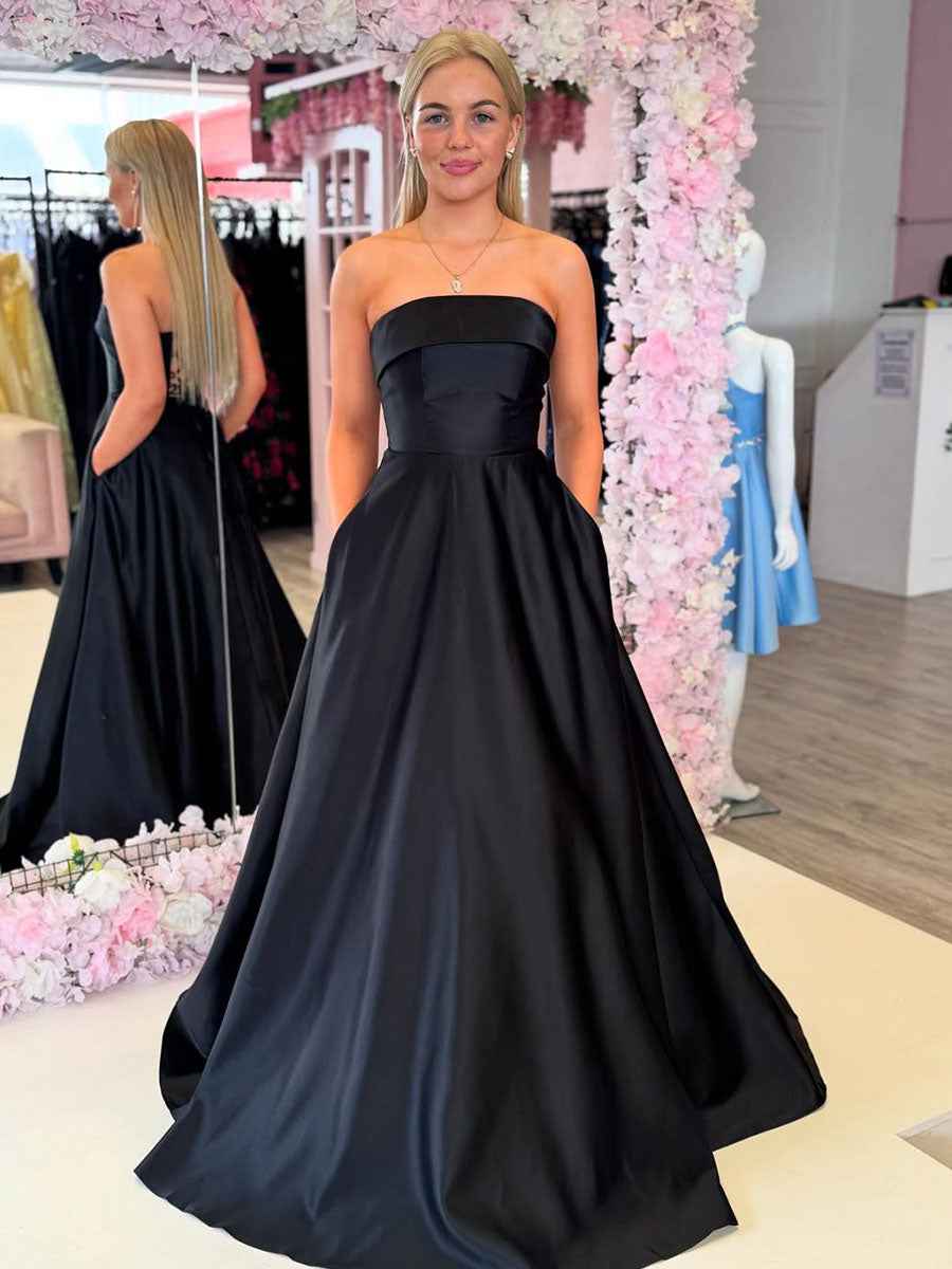 Classic Black Strapless Satin Prom Gown With Pockets