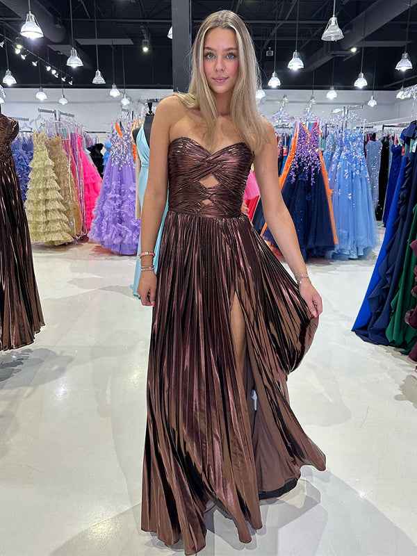 Stunning Yellow A Line Strapless Sweetheart Pleated Prom Dress High Slit Gown