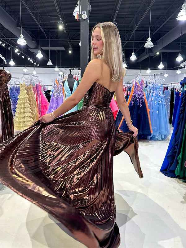 Stunning Yellow A Line Strapless Sweetheart Pleated Prom Dress High Slit Gown