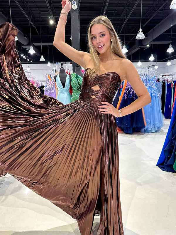 Stunning Yellow A Line Strapless Sweetheart Pleated Prom Dress High Slit Gown