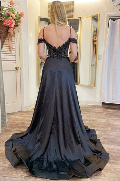 Vestido de fiesta con hombros descubiertos, cuentas, corte A, abertura y bolsillos