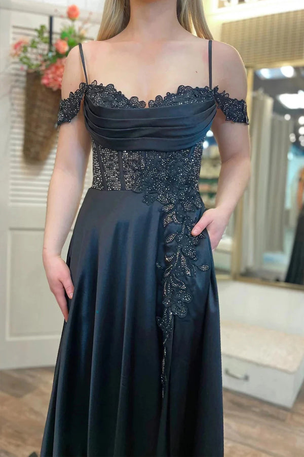 Vestido de fiesta con hombros descubiertos, cuentas, corte A, abertura y bolsillos