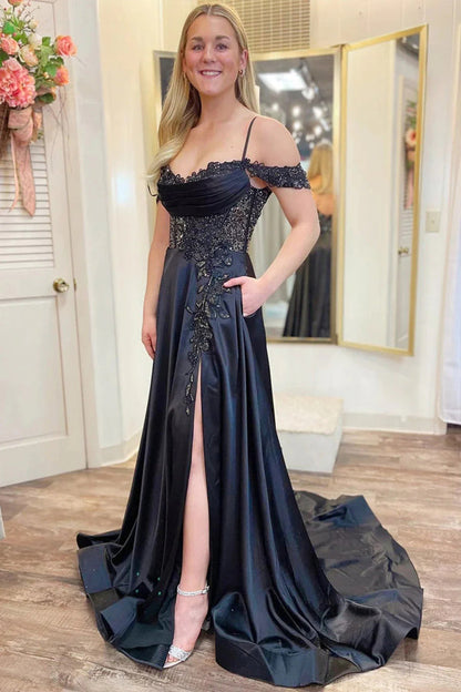 Vestido de fiesta con hombros descubiertos, cuentas, corte A, abertura y bolsillos