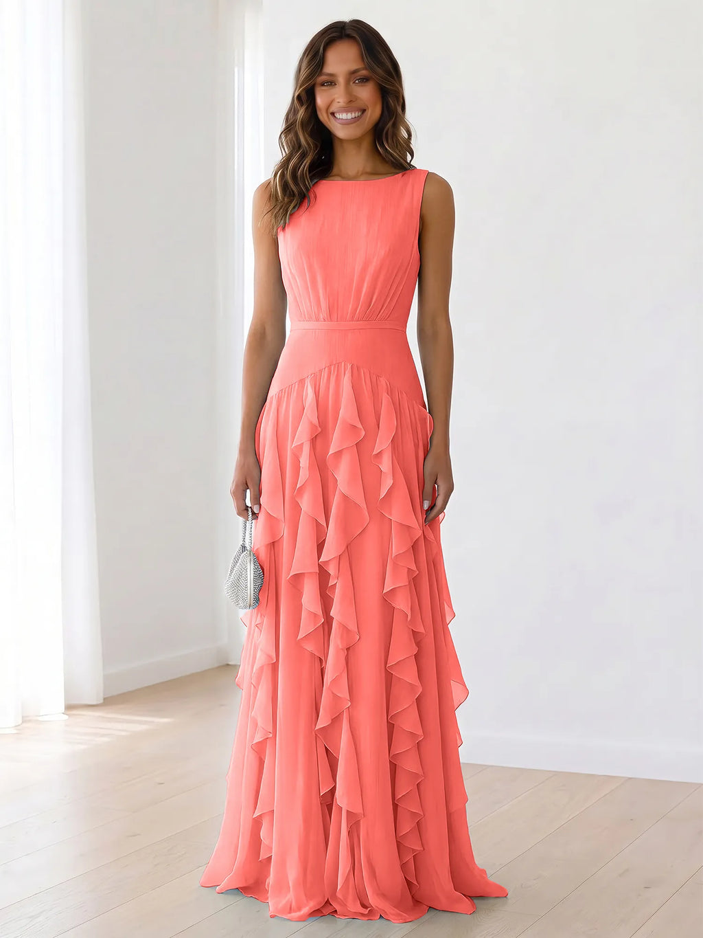 Sky Blue Tiered Chiffon Evening Maxi Dress With Ruched Bodice