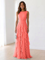 Sky Blue Tiered Chiffon Evening Maxi Dress With Ruched Bodice