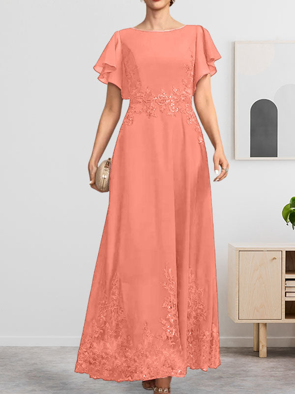 Robe de mère de la mariée en mousseline de soie à dentelle, longueur cheville, en forme trapèze avec décolleté arrondi et paillettes