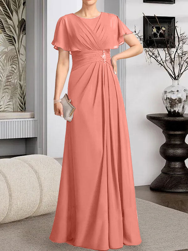 Robe de mère de la mariée en mousseline, longueur au sol, en ligne A, décolleté arrondi, ornée de perles plissées