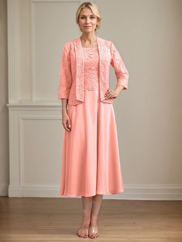 A-Linie U-Ausschnitt Wadenlang Chiffon-Kleid für die Brautmutter 