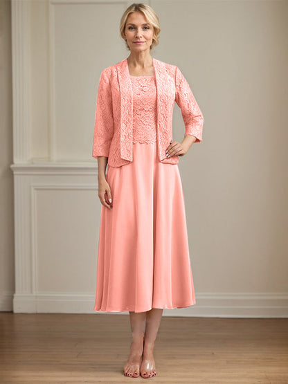 A-Linie U-Ausschnitt Wadenlang Chiffon-Kleid für die Brautmutter 