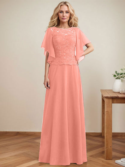 A-Linie, U-Ausschnitt, Illusion, bodenlanges Spitzen-Chiffon-Kleid für die Brautmutter mit Pailletten 